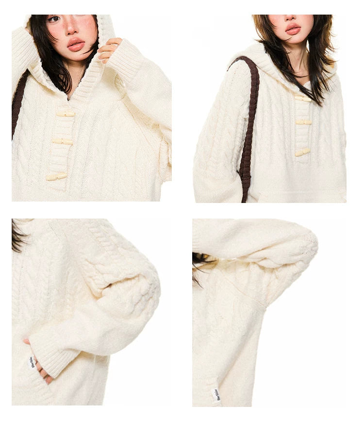Hooded Toggle-Front Knit Sweater