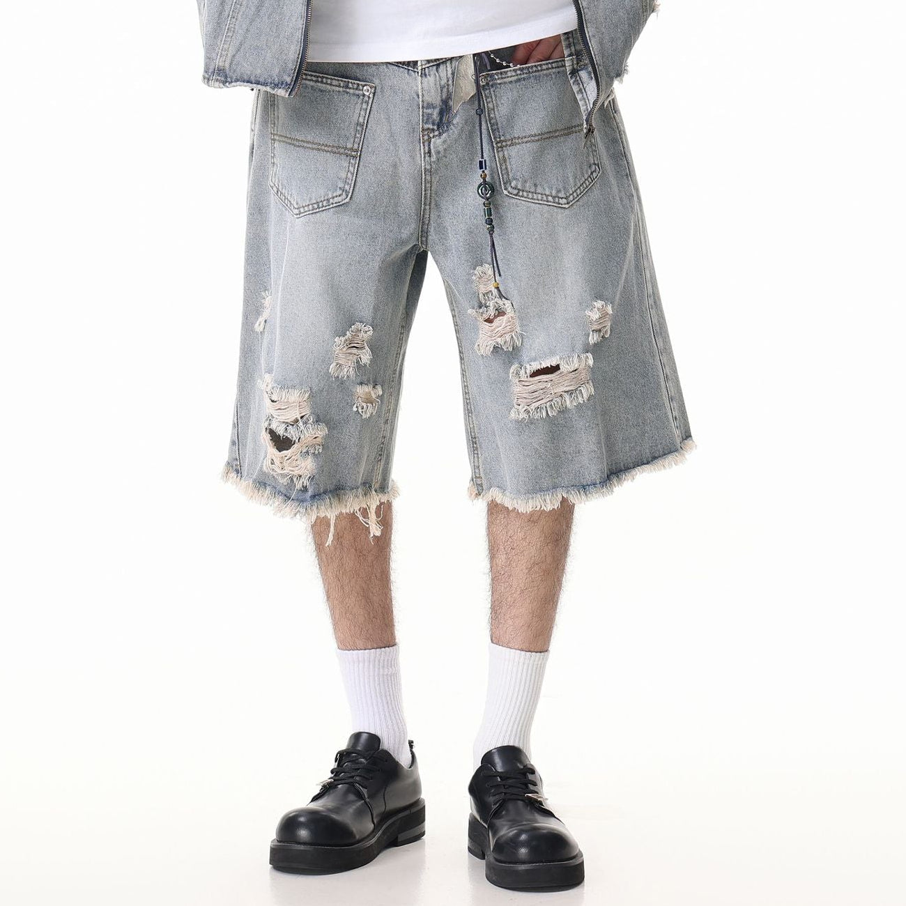 Washed Damage Wide Leg Denim Short Pants