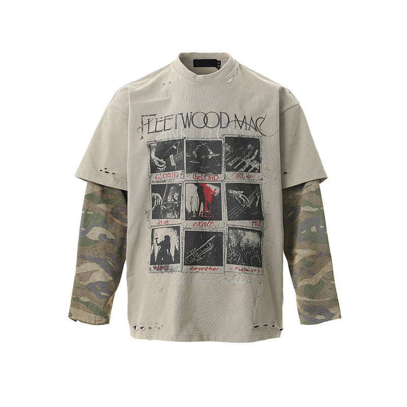 Gray long-sleeve shirt with graphic design and camouflage sleeves on a white background