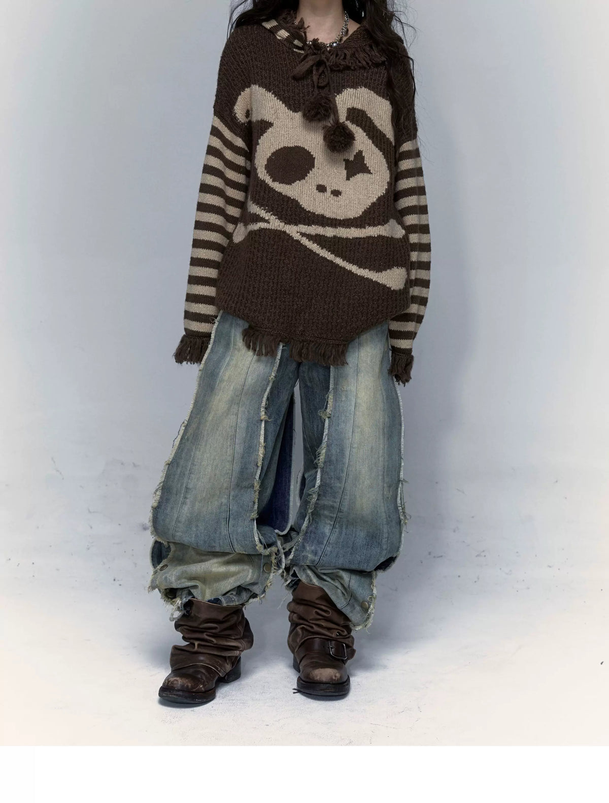 Skull Print Stripe Oversize Knit Hoodie