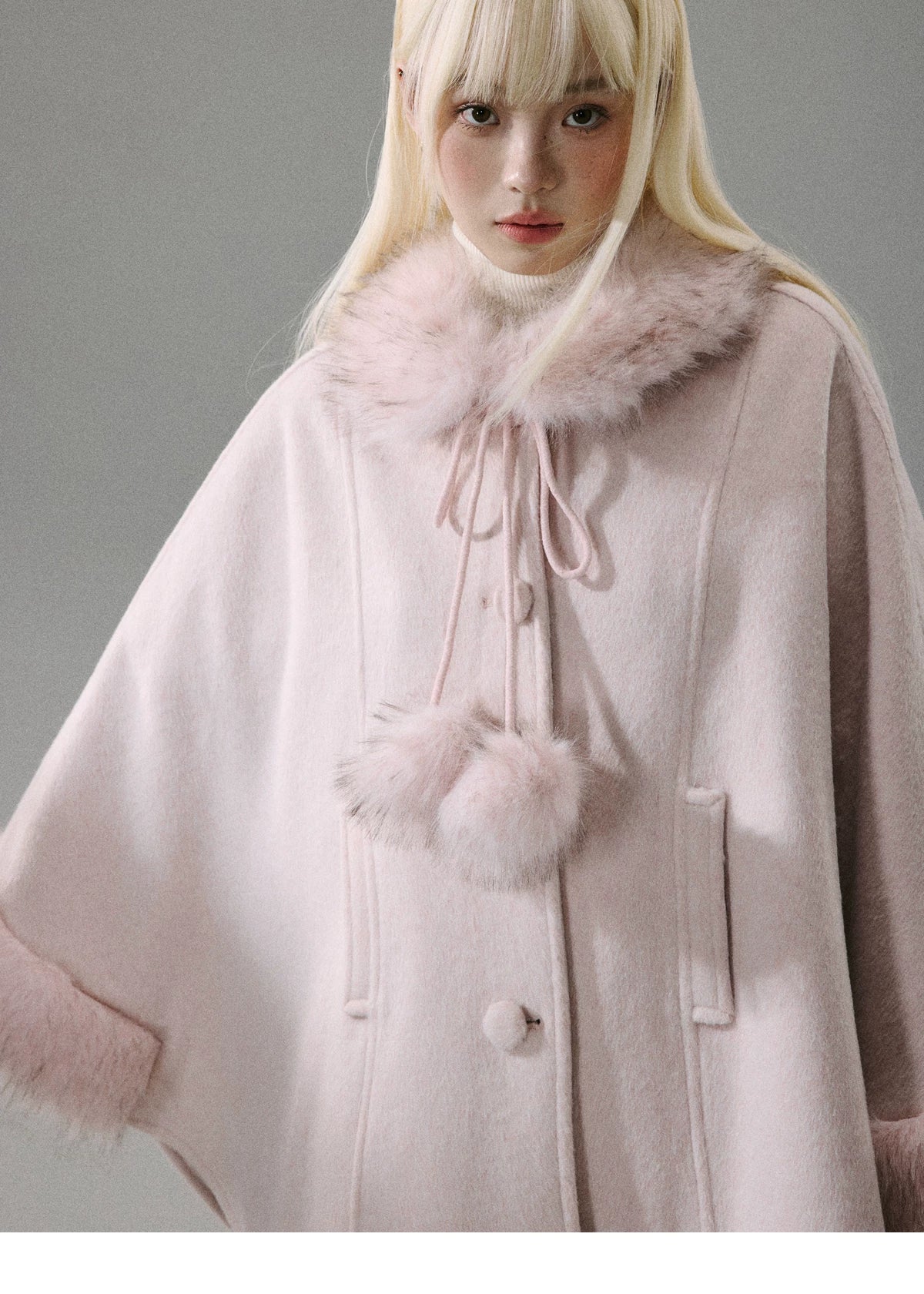 Sweet Girl Pink Long Hair Tweed Cape Coat