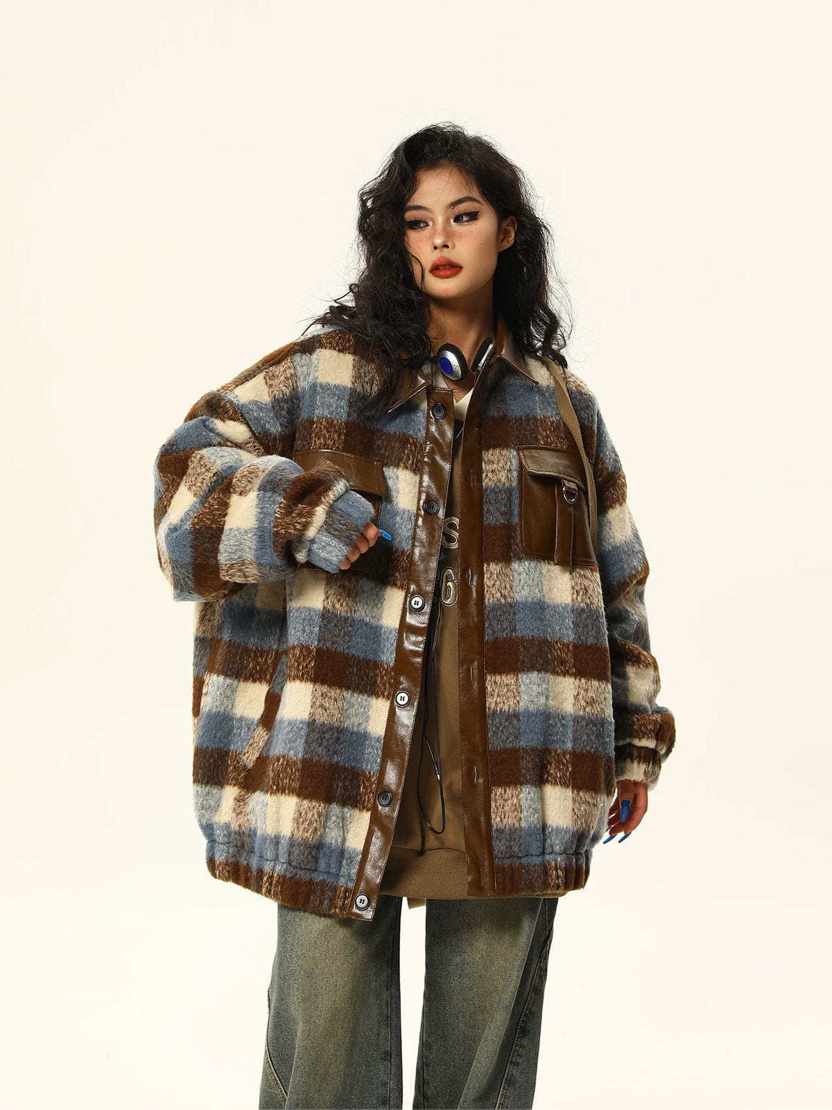 PU Leather Mix Woolen Plaid Jacket