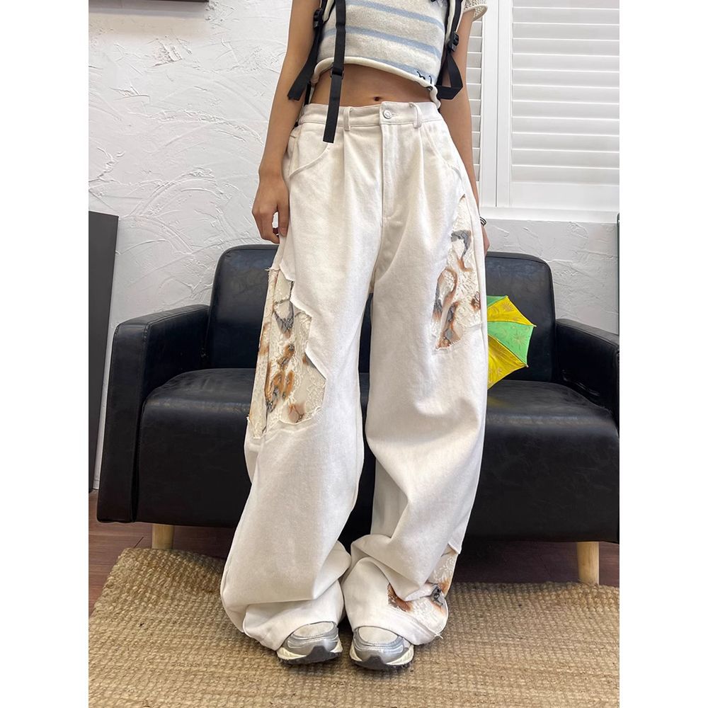 Stitched White Loose Wide-Leg Jeans