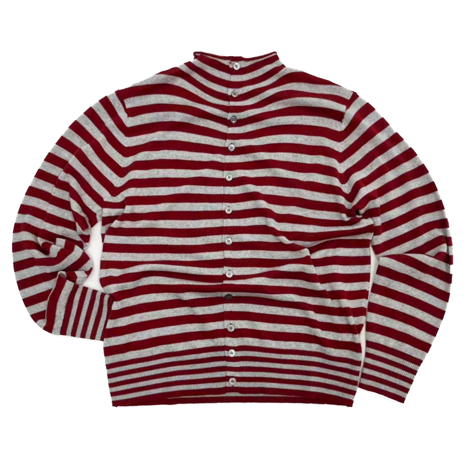 Contrast Stripe Wool Knit High-Neck Cardigan