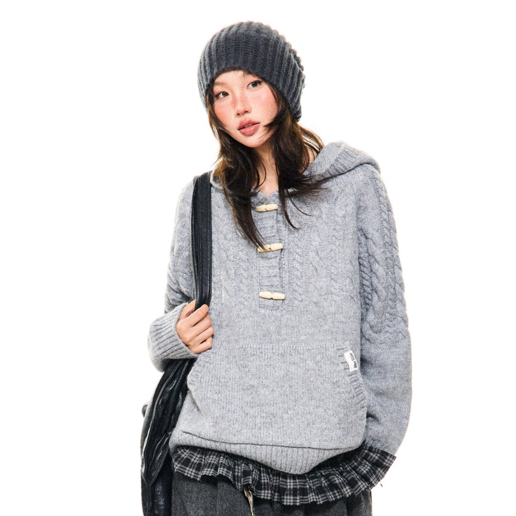 Hooded Toggle-Front Knit Sweater