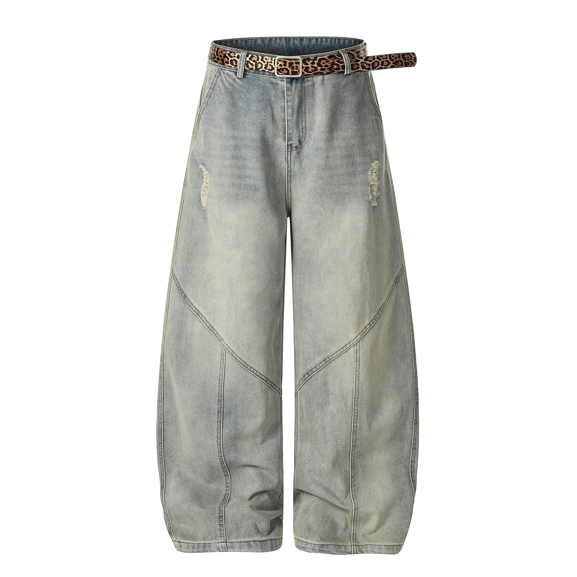 Washed Damage Panel Curved Denim Jeans