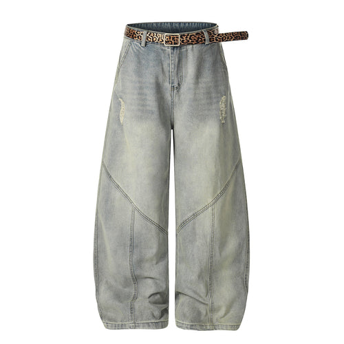 Washed Damage Panel Curved Denim Jeans - Blue / S