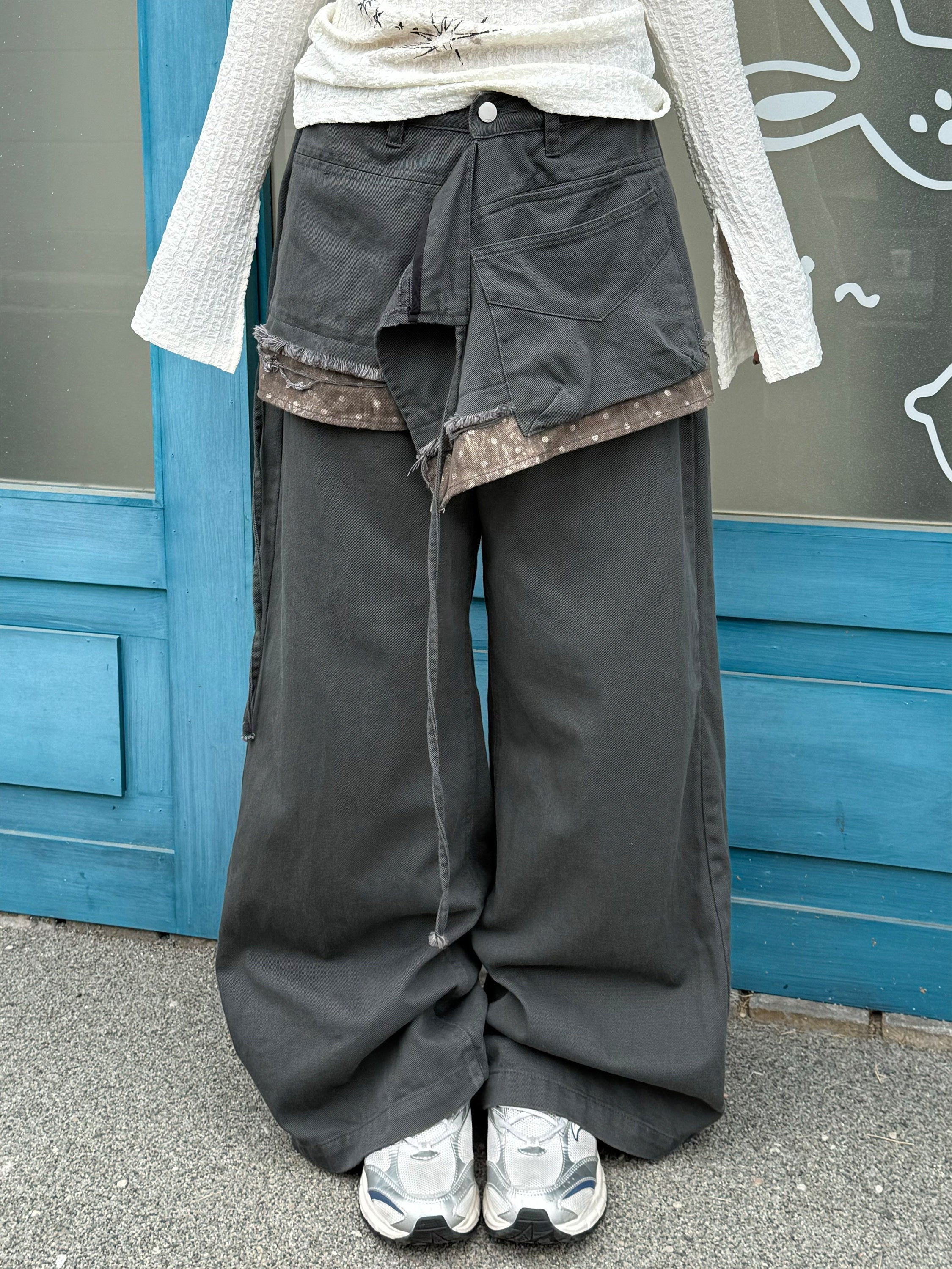 Deconstructed Patchwork Polka Dot Low Waist Wide Leg Denim Jeans