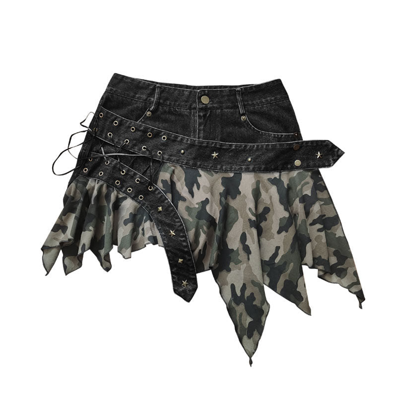 Original Design Damage Camouflage Lace-Up Short Denim Skirt