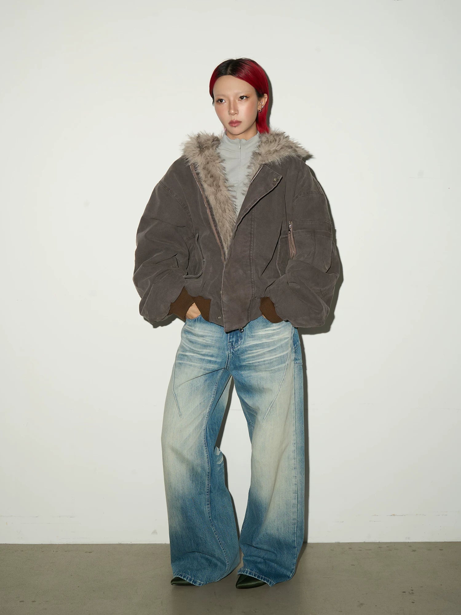 Washed Fade Seam Detail Wide Leg Denim Jeans
