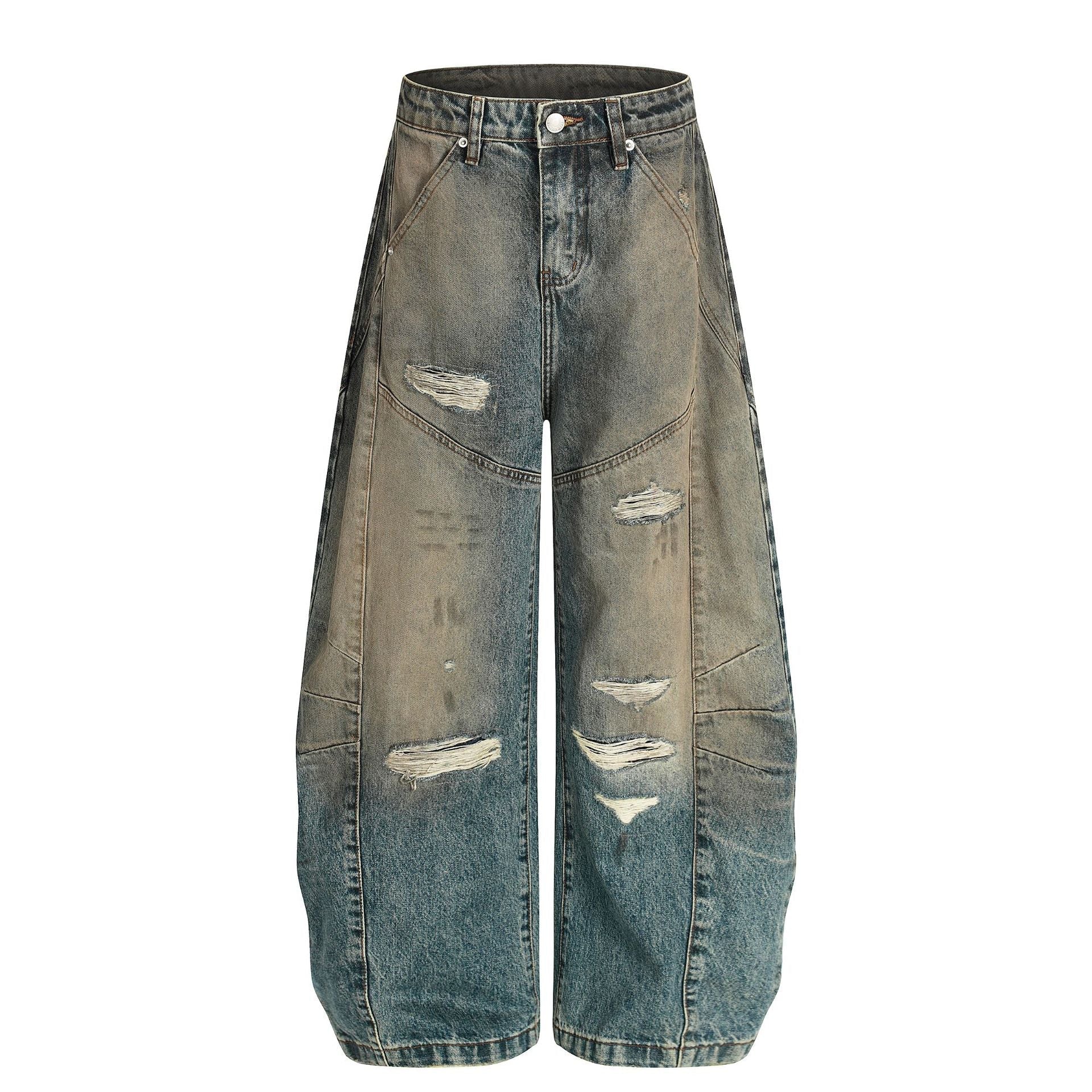 Washed Deconstruction Barrel Denim Jeans