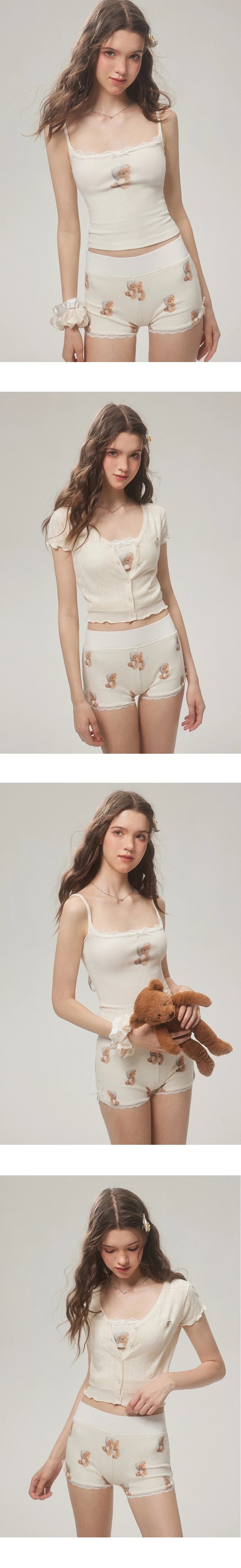 Conjunto de camisola corta con estampado de oso, camisola, shorts, pantalones micro flare y camiseta de manga corta