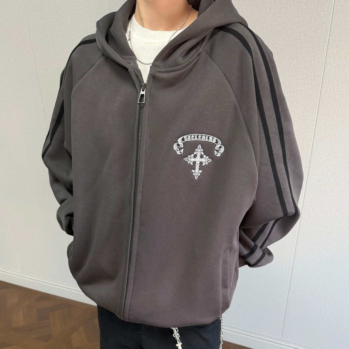 Stripe Cross Print Zipper Hoodie