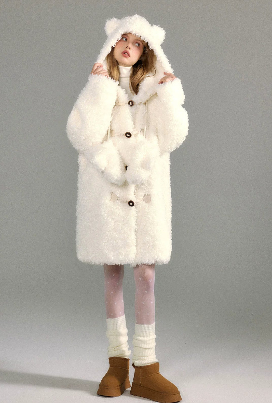 White Furry Sherpa Hooded Coat