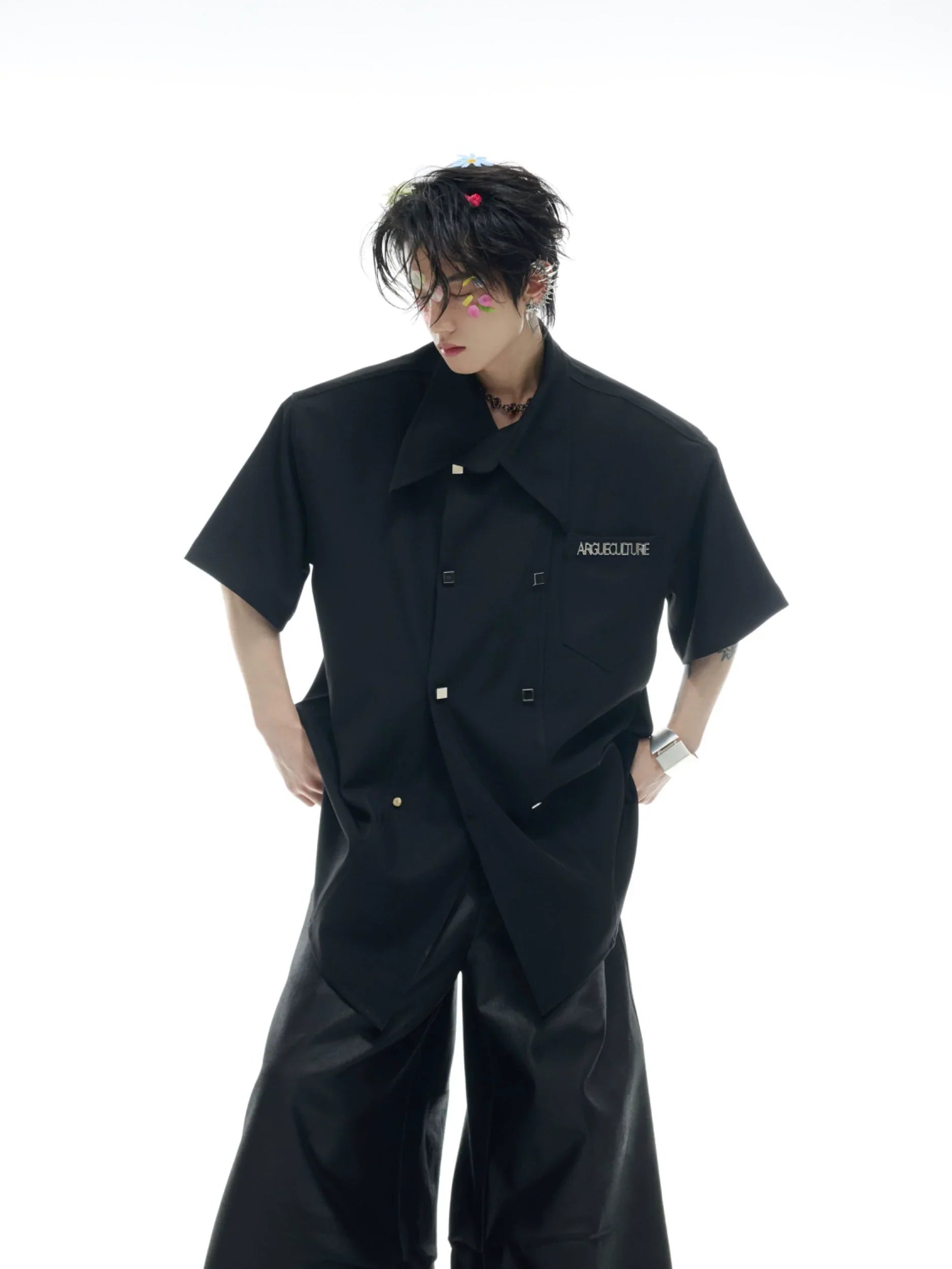 Double-Breasted Design Oversize Short Sleeve Shirt