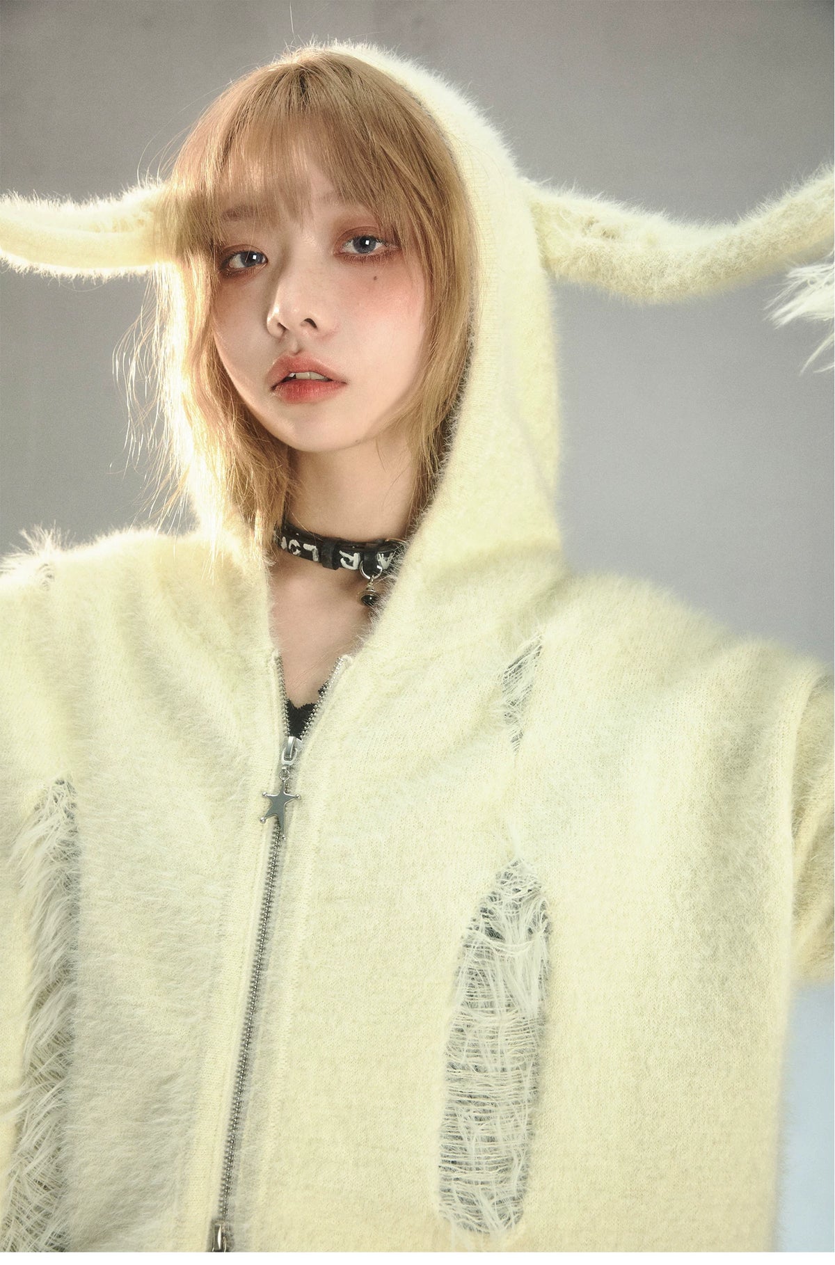 Rabbit Ear Zipper Knit Hoodie