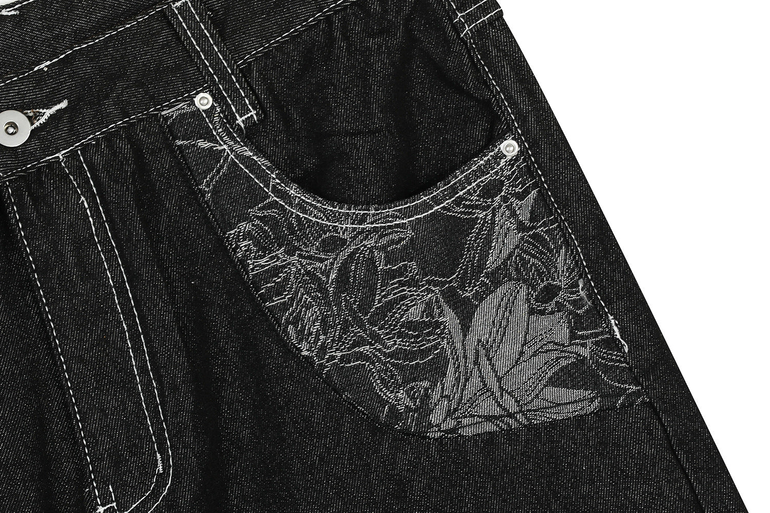 Contrast Stitch Bandana Patch Wide Leg Denim Jeans