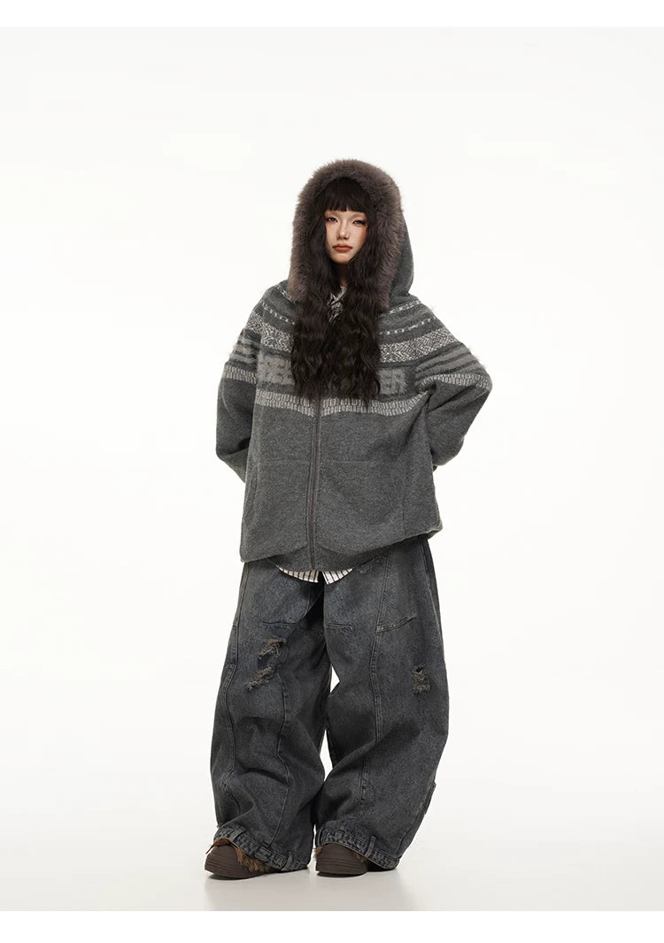 Fair Isle Hooded Detachable Fur Collar Knit Cardigan