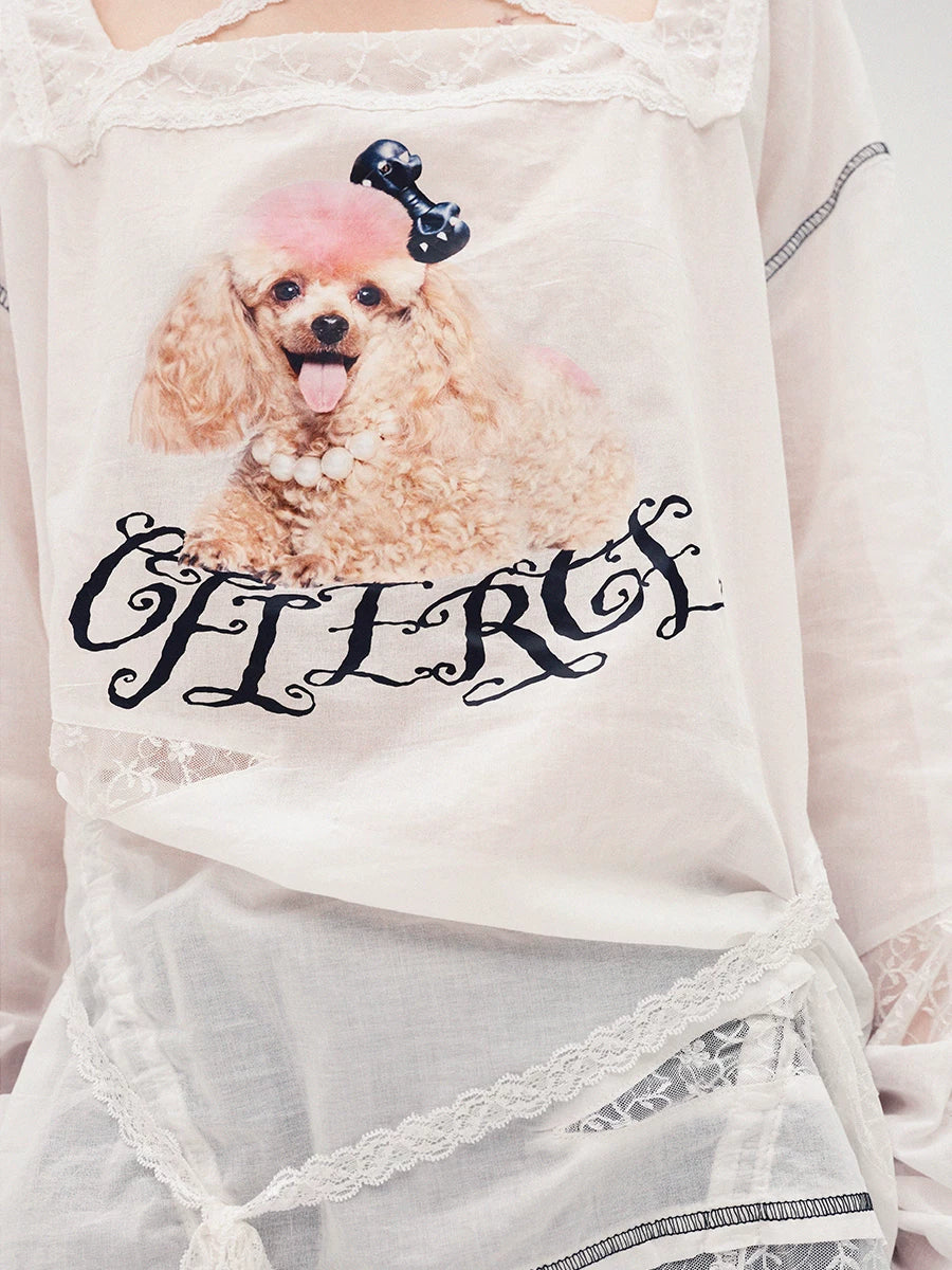 Dog Print Lace-Trim Long Sleeve T-Shirt