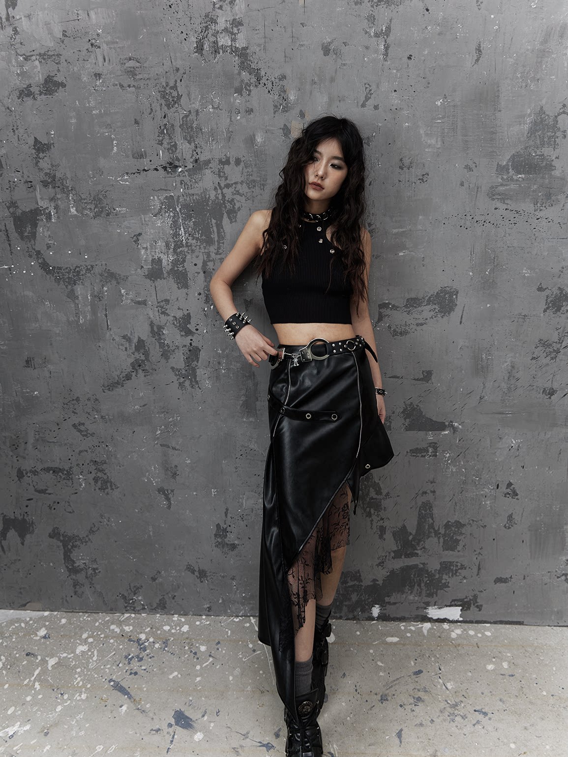 Asymmetric PU Leather Mesh Patchwork Skirt