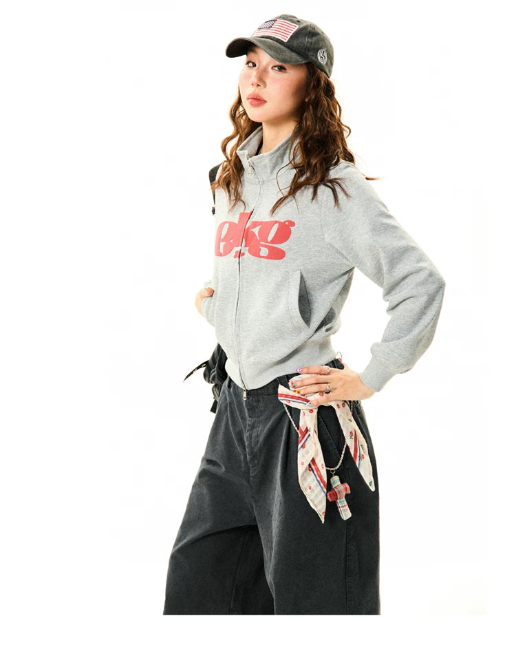 Letter Print Fitted Zipper Hoodie