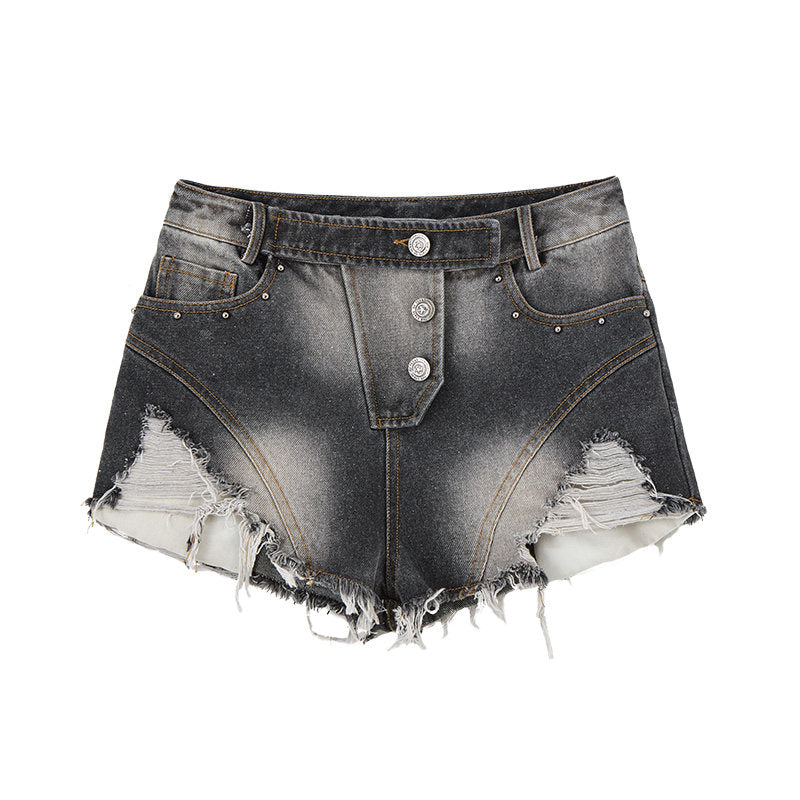 Washed Damage Fray Short Denim Jeans