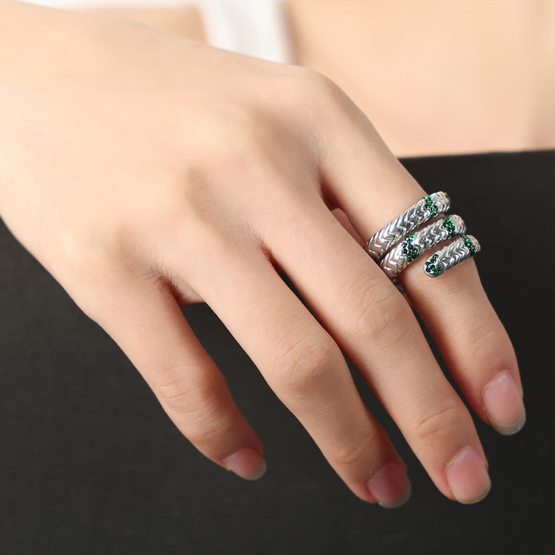 Retro Gold-Plated Snake Ring with Green Gemstones, Vintage-Inspired Jewelry, Women's Statement Accessory, Stackable Band with Rhinestones, Popular Fashion Trend, Ideal Gift for Her, Best Seller in Antique Rings.