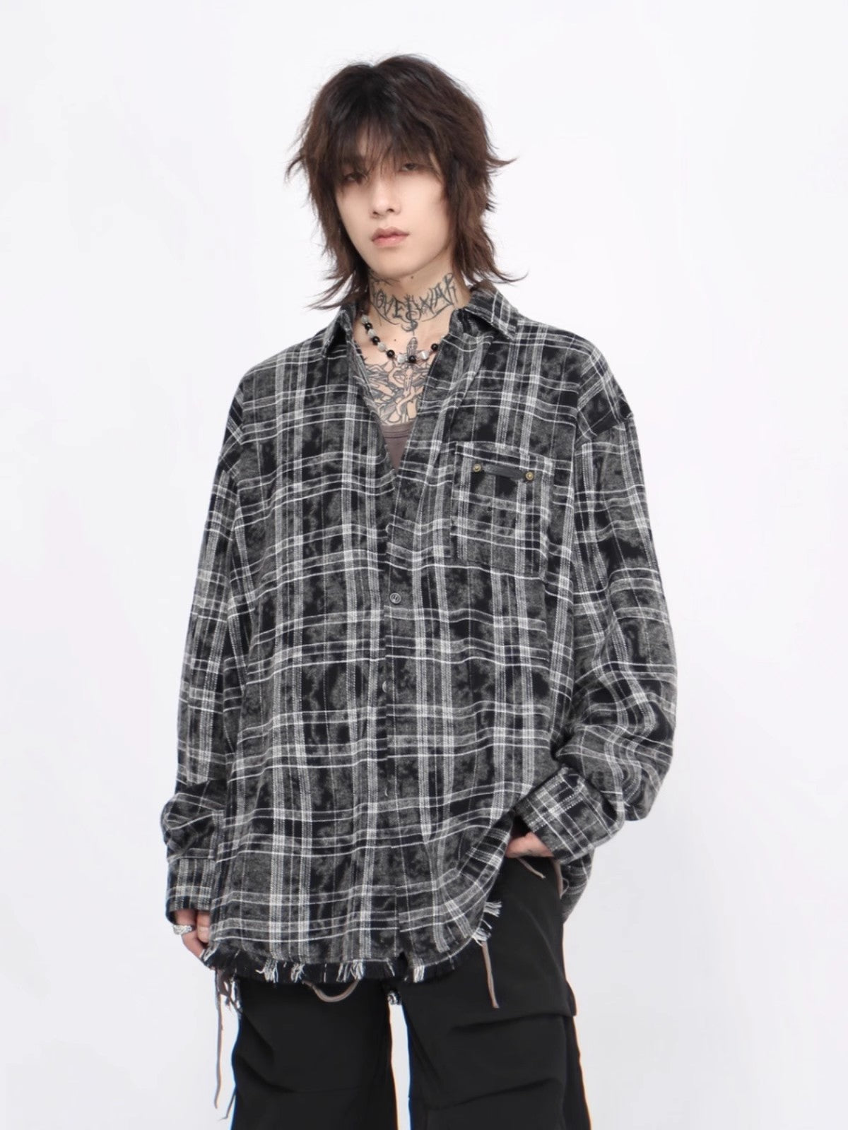 Oversize Damage Plaid Long Sleeve Shirt