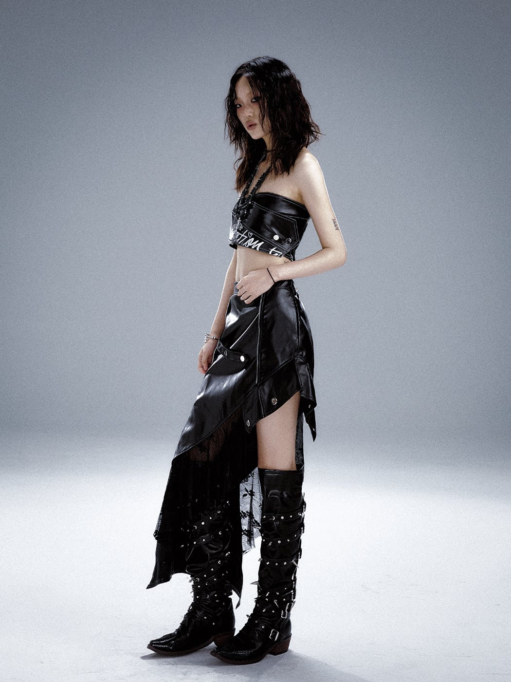 Asymmetric PU Leather Mesh Patchwork Skirt