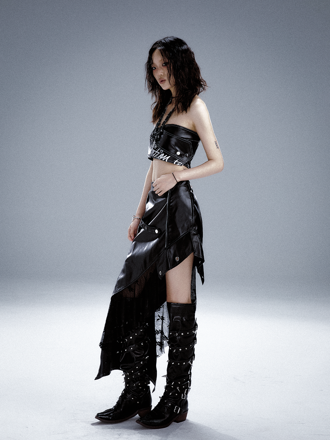 Asymmetric PU Leather Mesh Patchwork Skirt