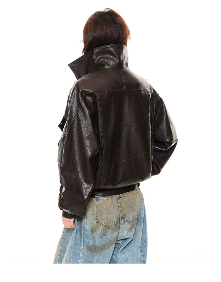 Asymmetrical Stand Collar PU Leather Jacket