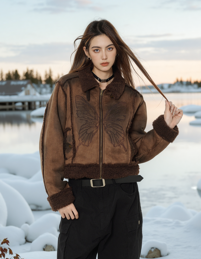 Veste à imprimé papillon et coutures rétro