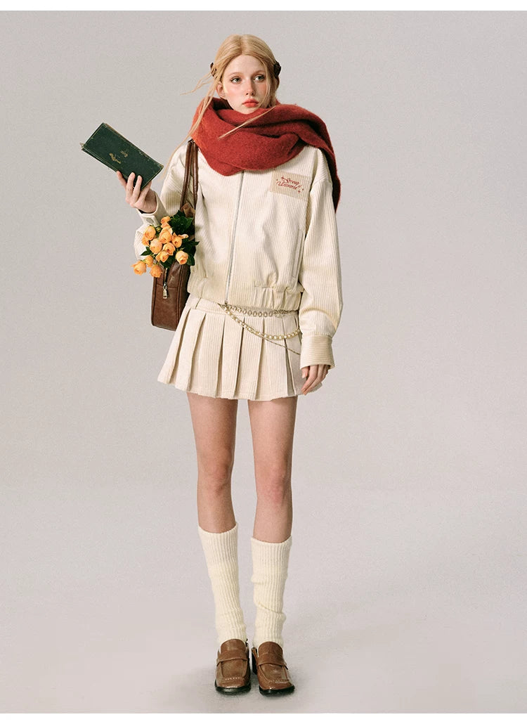 Velvet Collar Jacket & Long Skirt & Pleats Short Skirt Setup