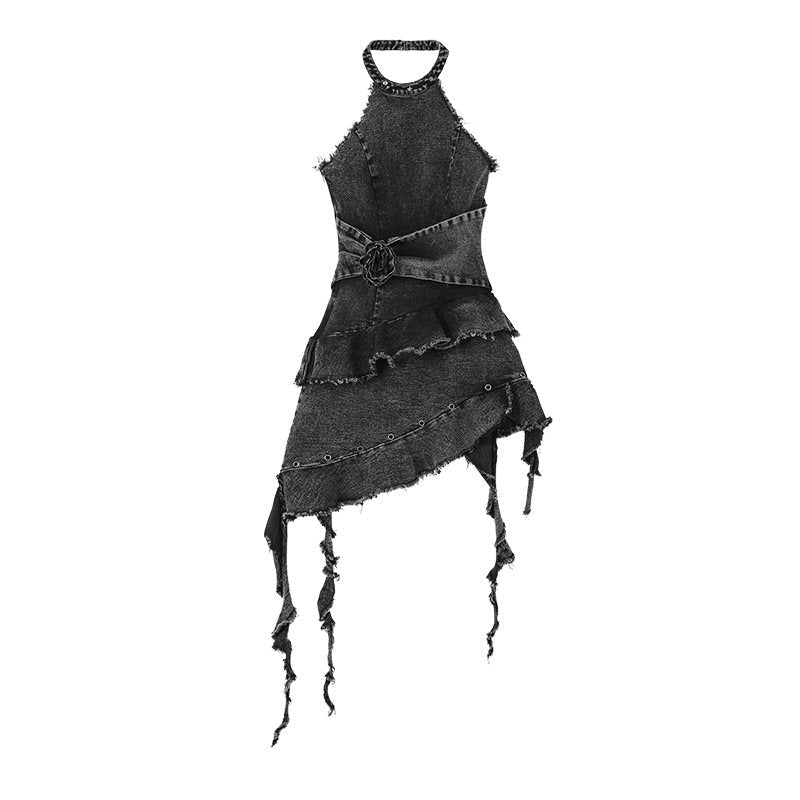 Asymmetrical Halter Denim Sleeveless Dress