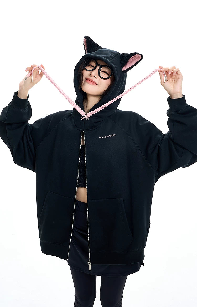Ear Fleece Oversize Zipper Hoodie