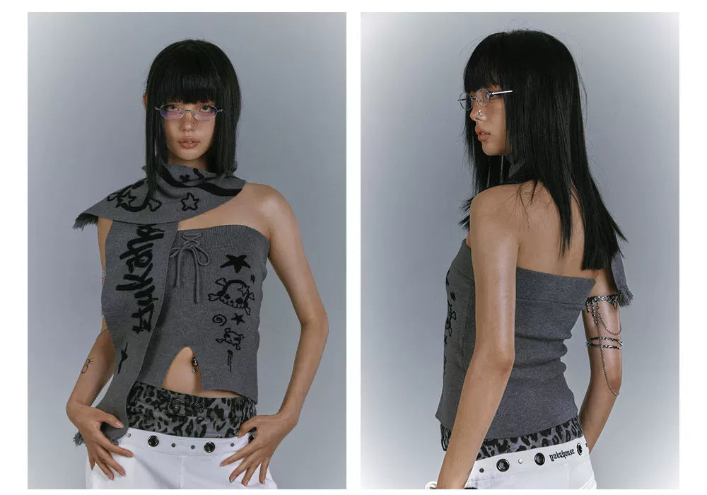 Graphic Print Off-Shoulder Top & Letter Print Scarf