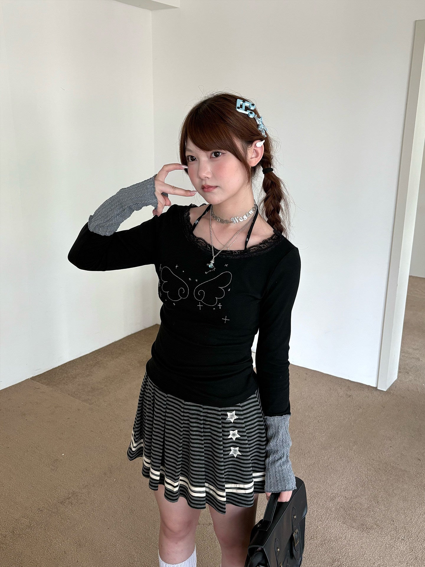 Star Print Pleated Striped Short Skirt