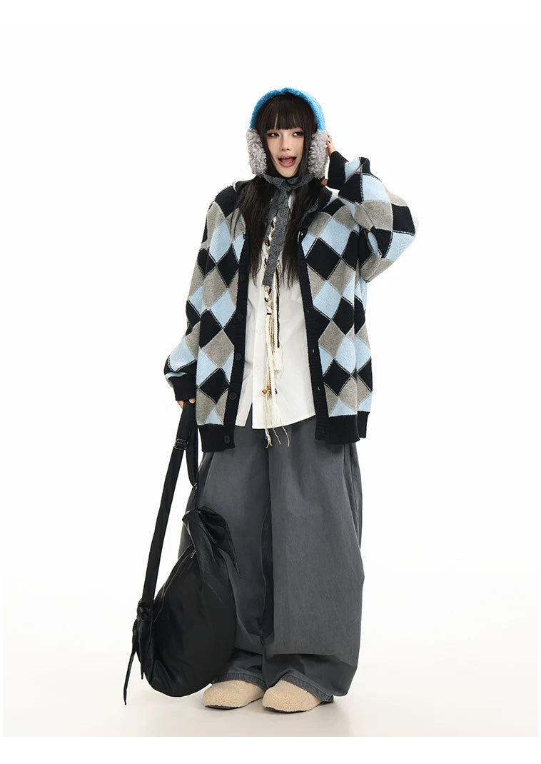 Heavyweight Diamond Pattern Oversize Hooded Knit Cardigan & Knit Sweater