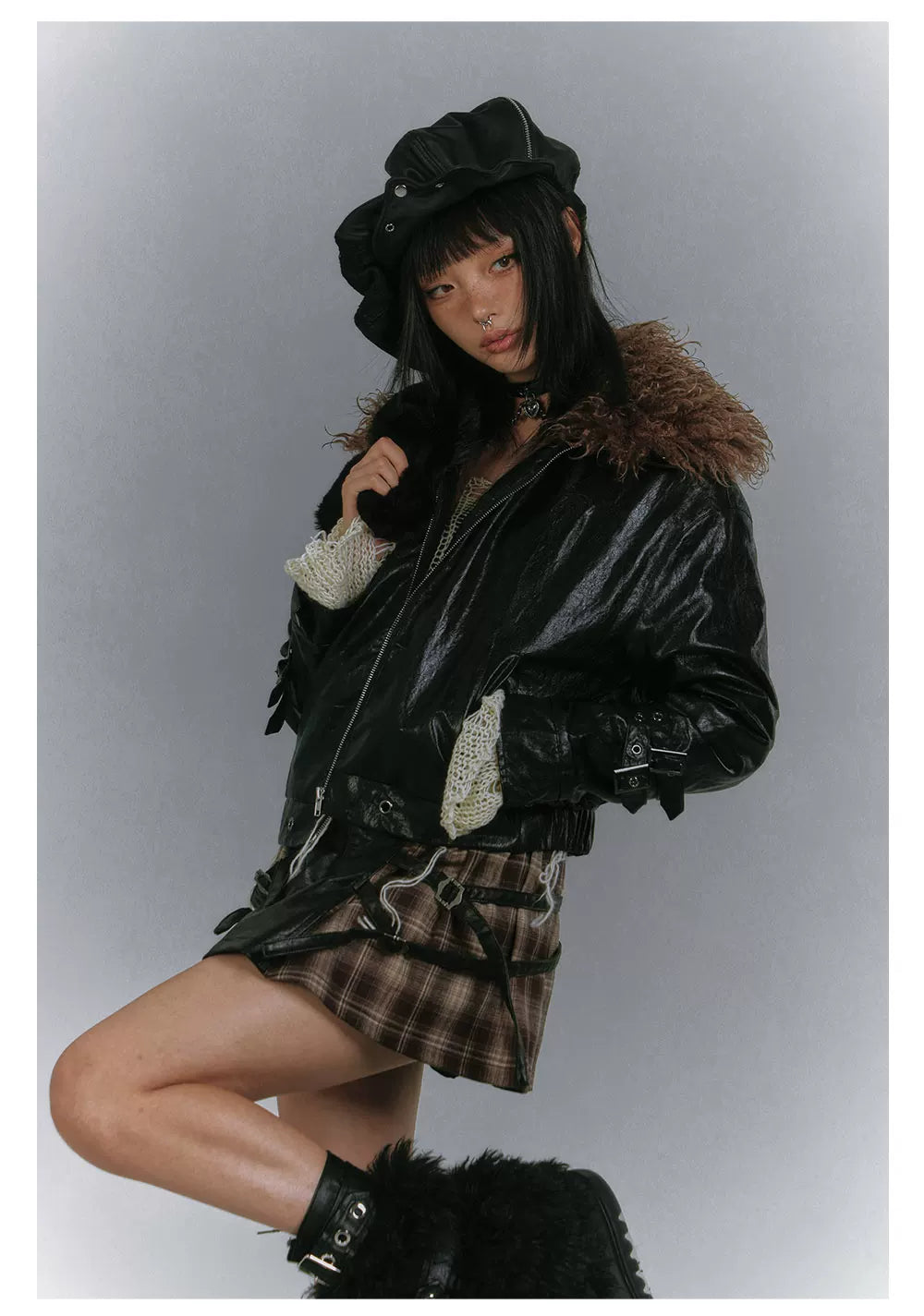 Detachable Fur Collar Glossy Padded PU Leather Jacket