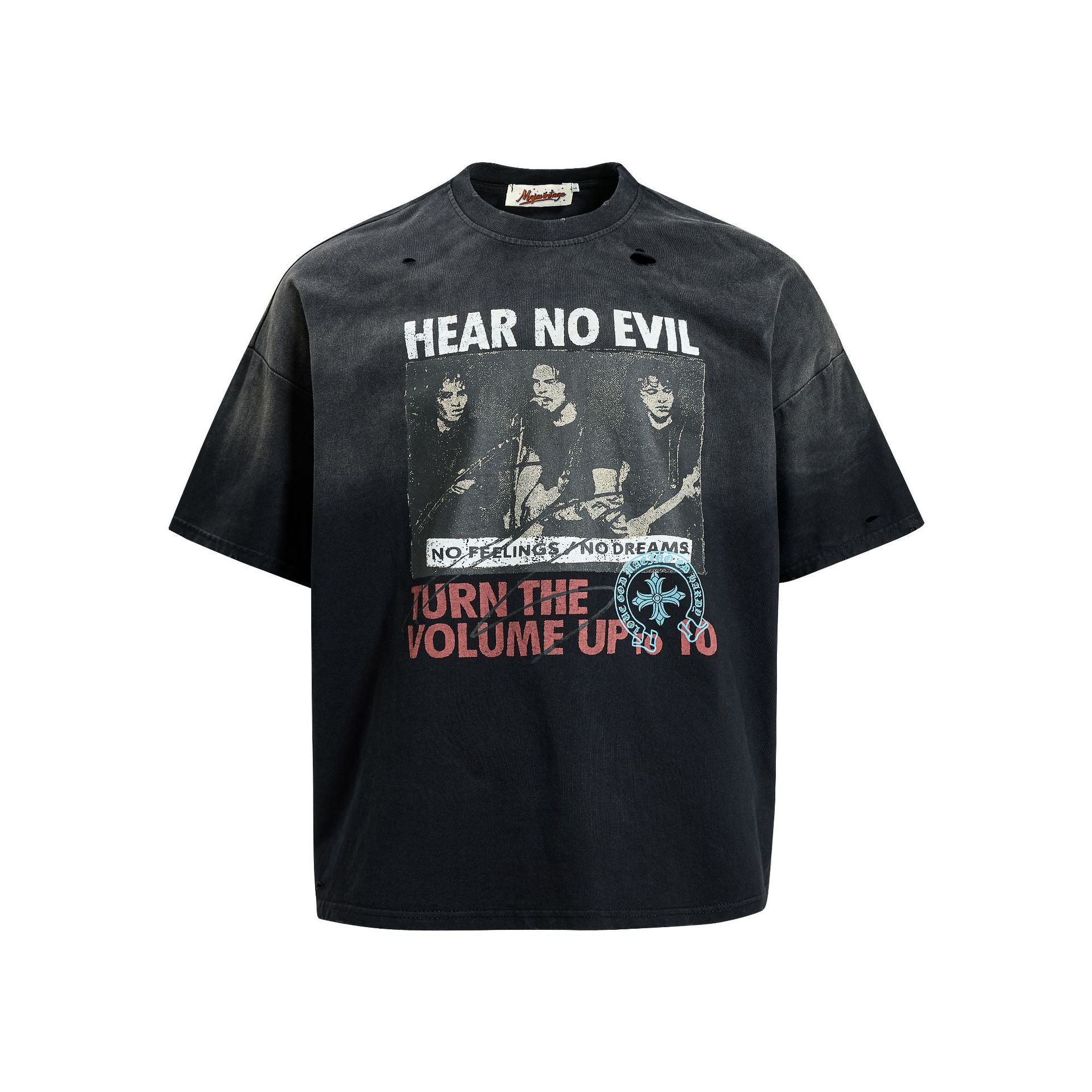 Washed Damage Portrait Print Short Sleeve T-Shirt