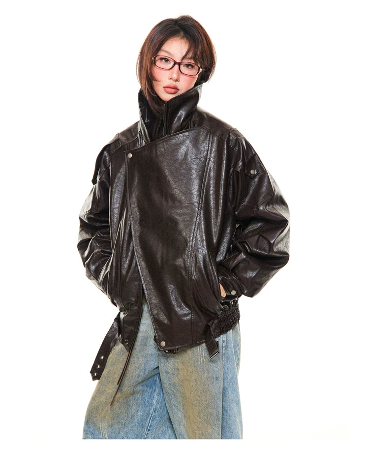 Asymmetrical Stand Collar PU Leather Jacket