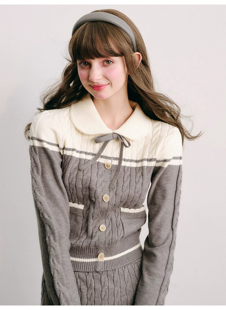 Bow Round Collar Knit Cardigan & Knit Short Skirt Setup
