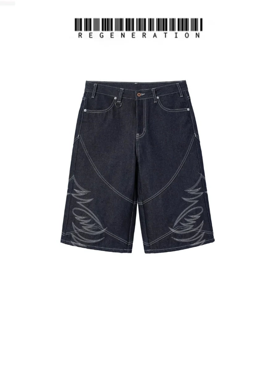 Embroidered Half Denim Jeans