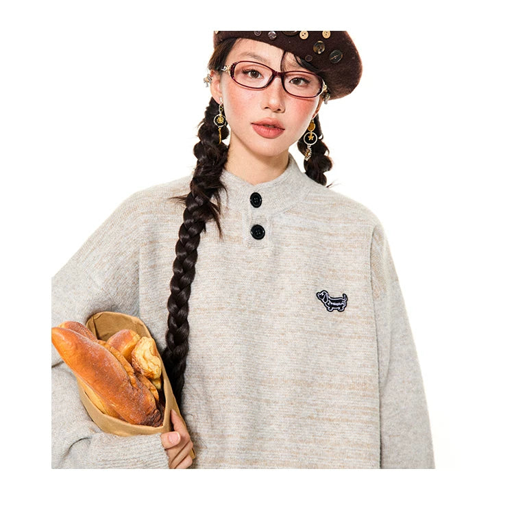 Button-Detail Stand Neck Knit Sweater
