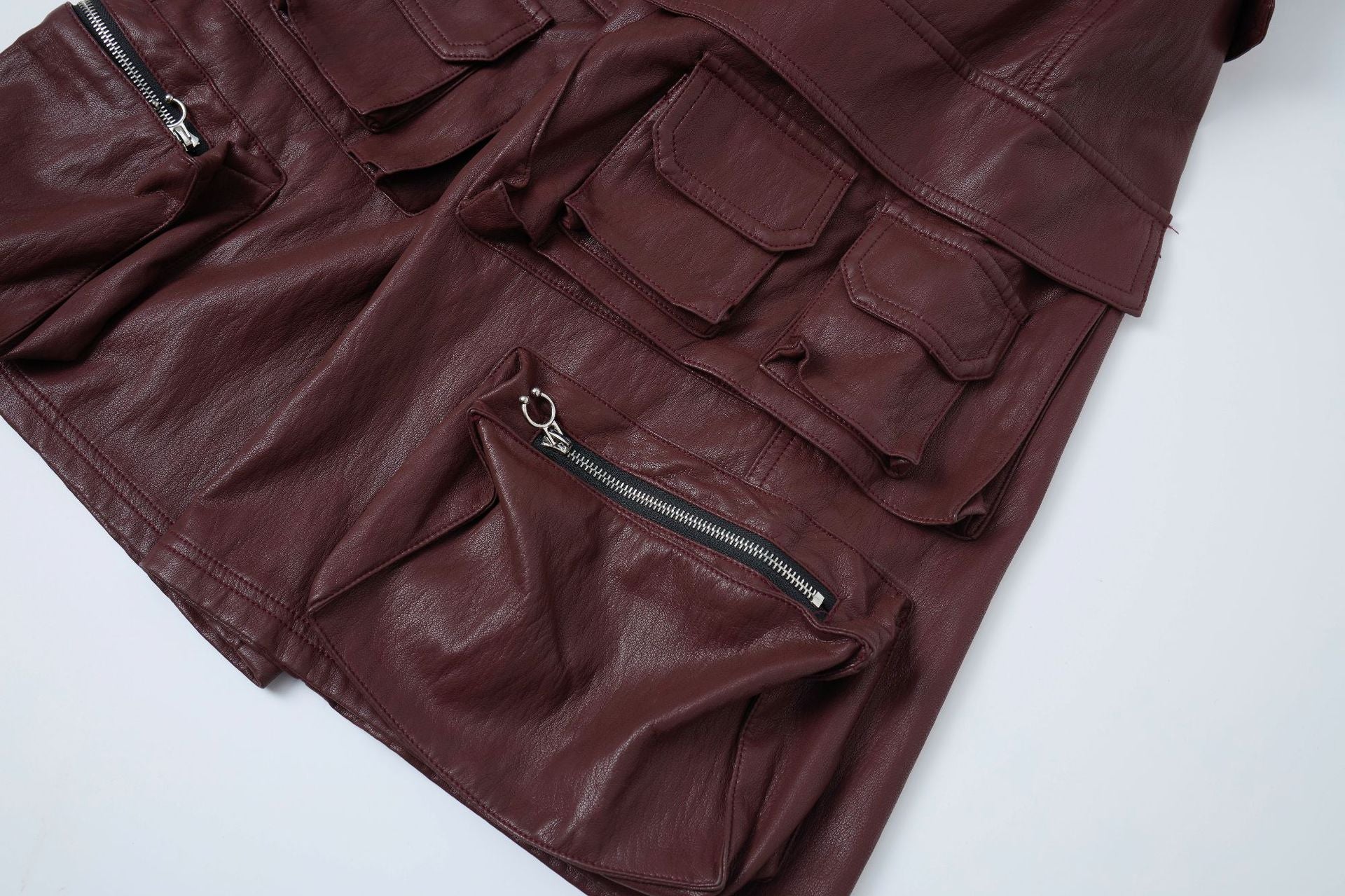 PU Leather Pocket Cropped Wide Leg Cargo Hahf Pants