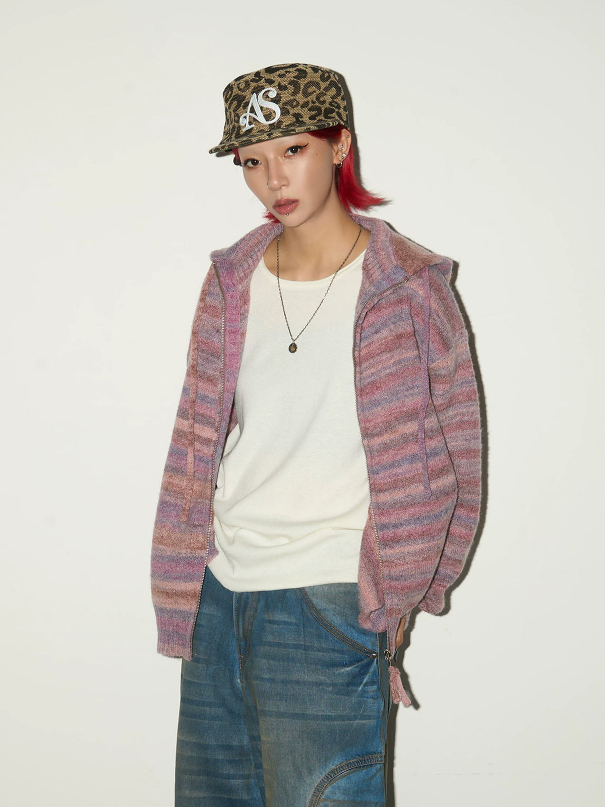 Stripe Hooded Zipper Knit Cardigan