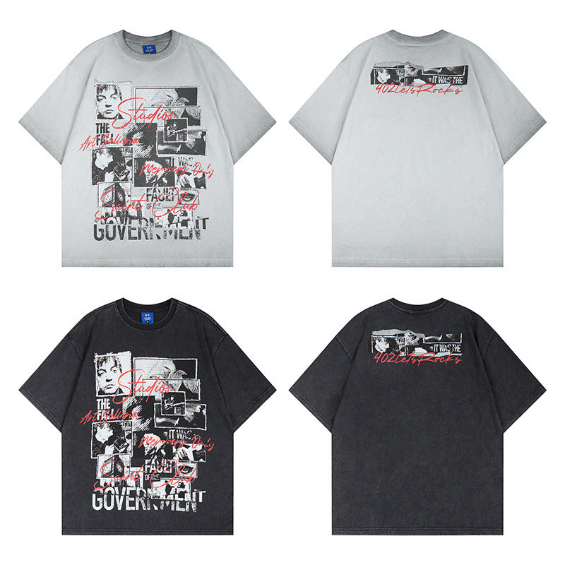Graphic Print Wash Damage Cotton Short Sleeve T-Shirt