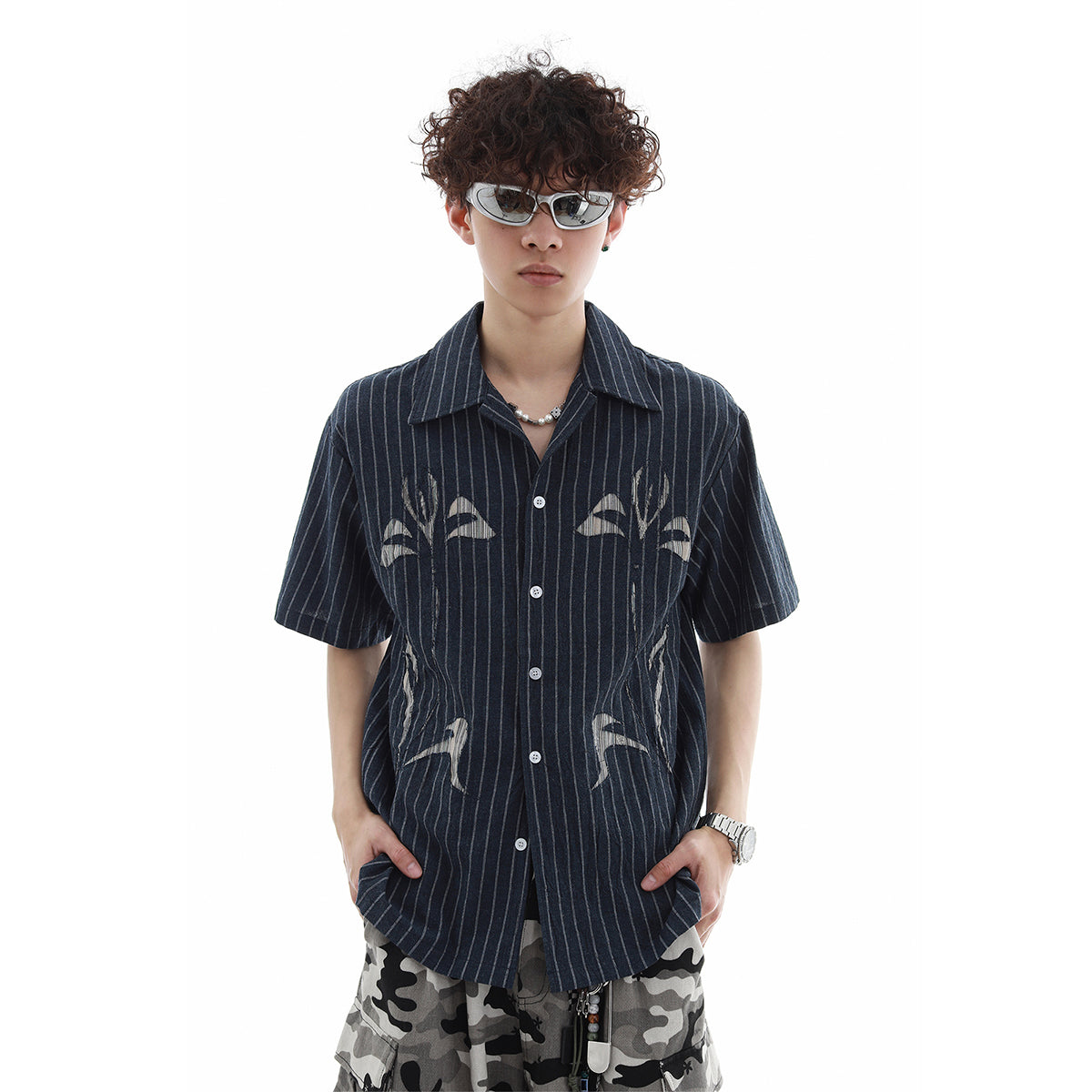 Patch Embroidery Stripe Short Sleeve Shirt