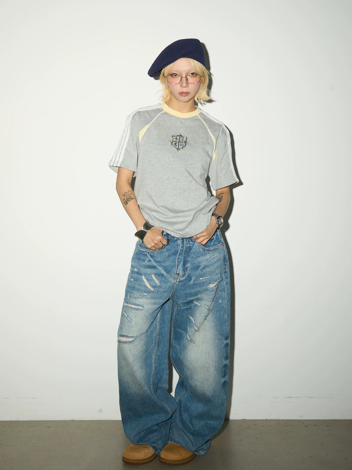 Washed Damage Fade Straight Denim Jeans