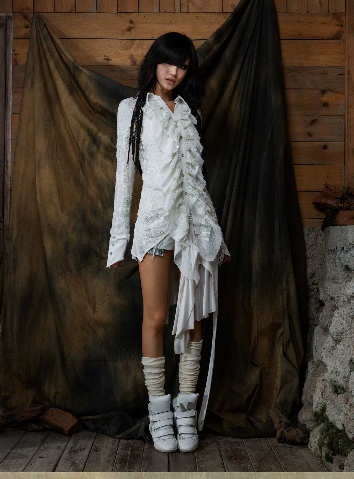 Original Punk Two-Tone Waist-Cinching Ruffle Asymmetric Shirt